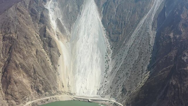 Aerial drone view of the massive Daliusha landslide along Bingchacha Highway