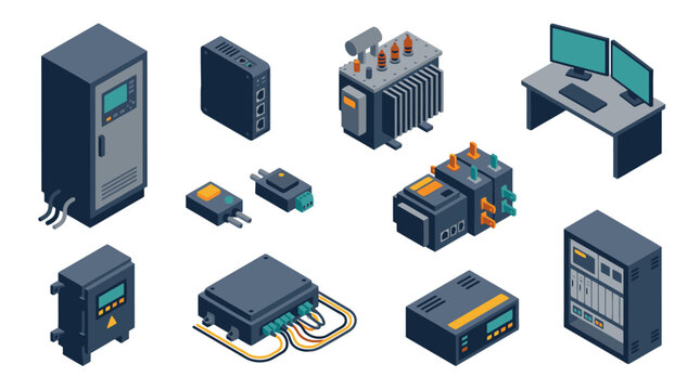 Industrial Isometric Showcasing Various Electrical and Networking Equipment in Blue Grey and Orange Tones