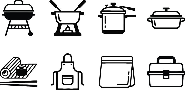 Cooking Appliances and Kitchen Accessories Line Icon Set Featuring Outdoor BBQ Grill Fondue Pot Pressure Cooker Casserole Dish Sushi Mat Apron Paper Bag and Lunch Box Vector