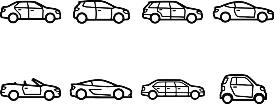Passenger Automobiles and Car Body Types Line Icon Set Featuring Sedan Hatchback Station Wagon Coupe Convertible Sports Car Limousine and Micro Smart Car Vector