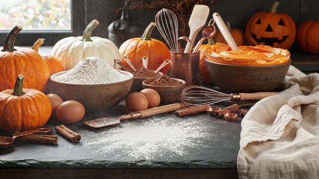 Halloween baking ingredients background with pumpkins flour eggs and spices on dark rustic stone table