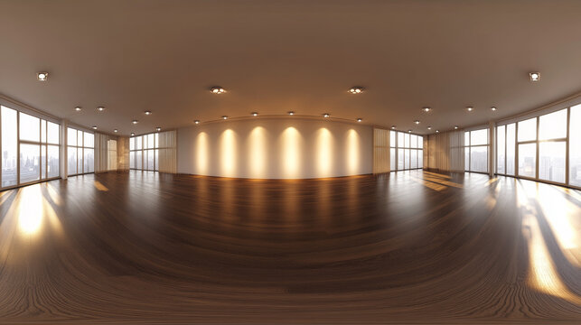 360 degree panorama view.A big, modern room with simple design, shown in a 360&deg; view.  It has spotlights, a dark floor, and reflections.