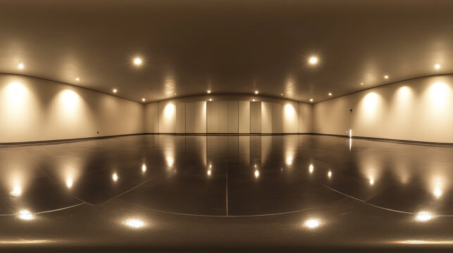 360 degree panorama view.A big, modern room with simple design, shown in a 360&deg; view.  It has spotlights, a dark floor, and reflections.