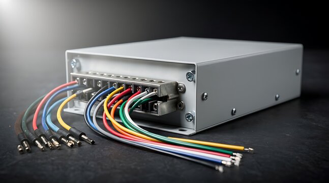 Industrial electrical junction box with colorful terminal block wiring harness, multi-channel power distribution unit for electronic hardware engineering on dark background