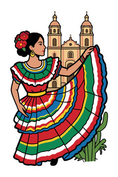 Mexican woman dancing in colorful traditional folklorico dress with colonial church background