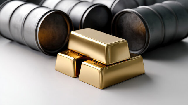Gold bars stacked on oil barrels metallic surface wealth investment finance luxury economic concept high fidelity