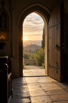 Open Church Door in Morning Light &ndash; Christian Marriage, New Beginning and Shared Journey