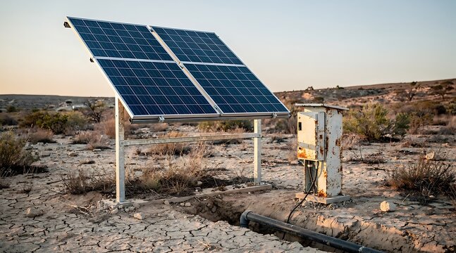Solar energy panel system installed in an arid desert environment with cracked earth and industrial equipment for remote power and sustainable irrigation solutions.