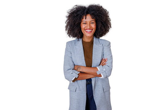 Confident young black business woman smiling, standing with arms crossed, promoting professionalism and success