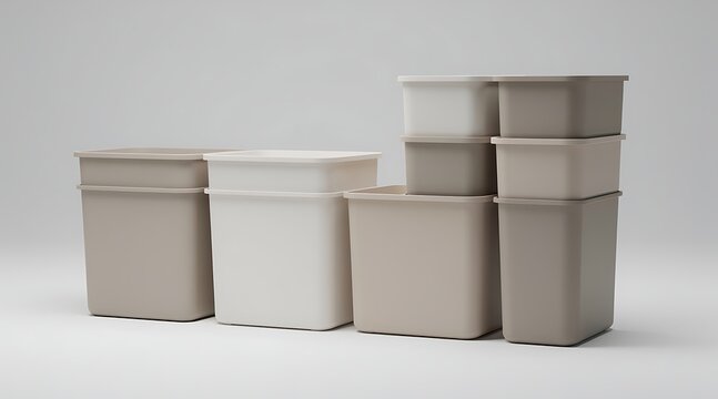 Various sizes of stackable plastic storage bins and containers in neutral beige and taupe colors, perfect for home organization, decluttering, and housekeeping on a clean light grey background.