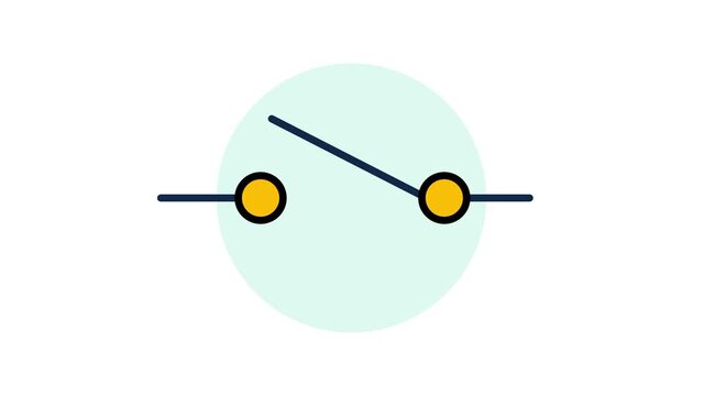 An open electrical switch circuit symbol with two small terminals and a tilted lever set against a soft light green circle on a plain white background