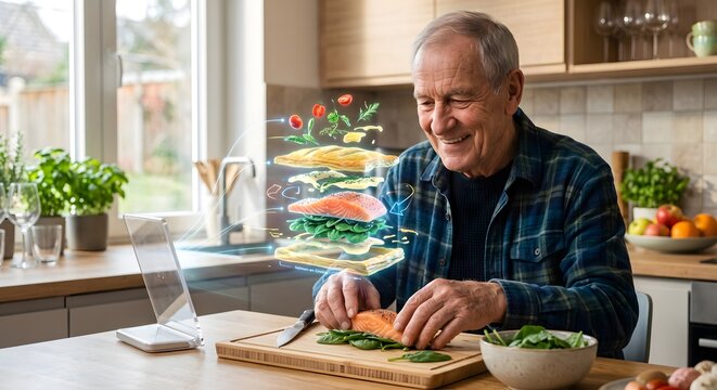 A smiling elderly man preparing a healthy salmon meal in a modern kitchen, guided by an advanced augmented reality (AR) holographic 3D recipe projection from a smart device.