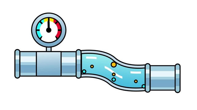 A pressure gauge mounted above a straight metal pipe joint that connects to a curved glass water pipe with flowing water bubbles and white flow lines