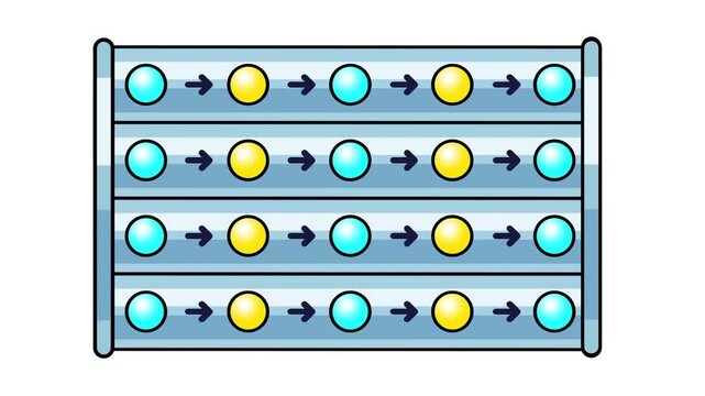 Four parallel glass tubes filled with alternating yellow and blue balls and dark arrows showing charges moving side by side in a parallel circuit