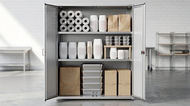 Organized Commercial Kitchen Storage Cabinet with Catering Supplies, Disposable Food Containers, Paper Bags, and Stainless Steel Trays in a Professional Restaurant or Hospitality Warehouse Setting