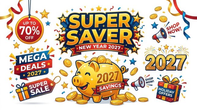 New Year 2027 super saver sale collection with piggy bank and promotional discount badges