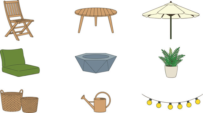 Vector illustration set of cozy backyard patio furniture including a wooden folding chair, round table, sun umbrella, fire pit, planter, and string lights.