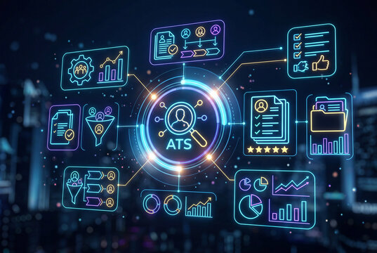 Digital applicant tracking system dashboard displaying candidate resume grid, interview pipeline, analytics chart, and HR recruitment network interface. Modern human resource recruitment concept.