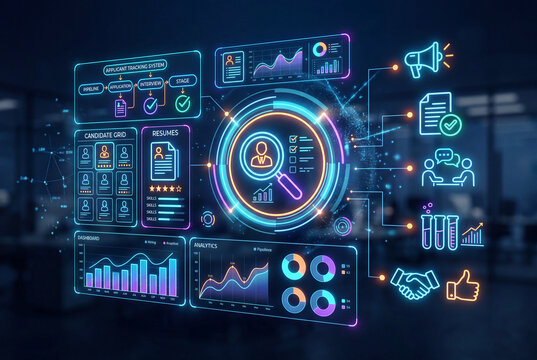 ATS applicant tracking system network interface with neon icon diagram for human resource recruitment, resume assessment, candidate selection, and job applicant funnel analysis. Business HR concept.