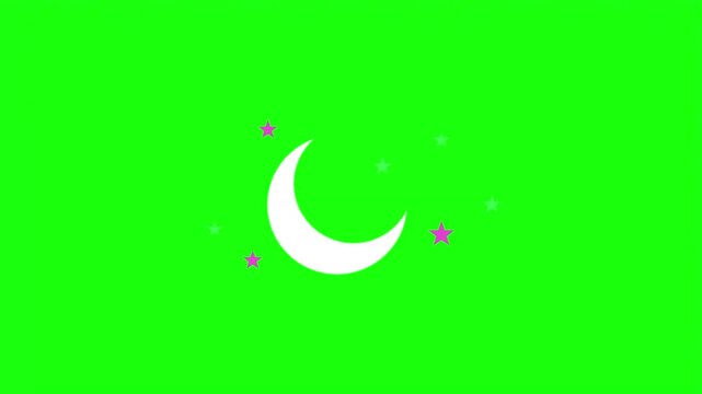 Crescent moon and pink stars night sky vector illustration isolated on green screen.   