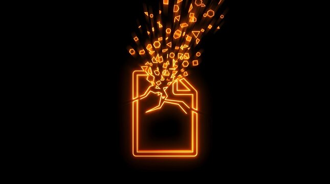 Abstract digital concept of a file icon splitting into multiple glowing orange data blocks and geometric particles on a black background representing data processing, encryption, and information flow.