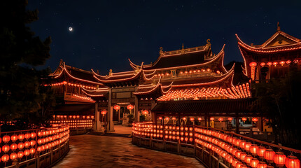 Obraz premium Traditional chinese temple illuminated by numerous glowing red lanterns at night with traditional architecture asian culture lantern festival buddhist temple