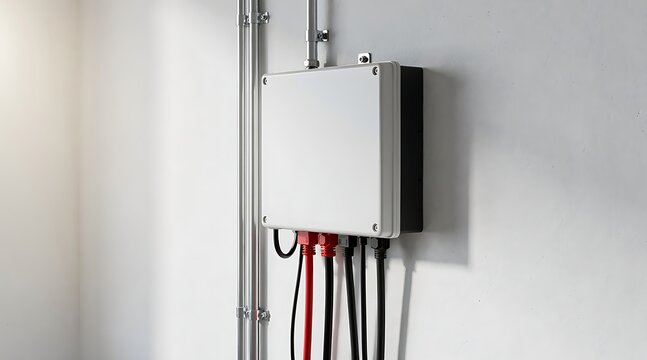 Modern wall mounted electric vehicle charging station or power inverter box with industrial cables and metal conduits installed on a white wall, sustainable energy technology concept.