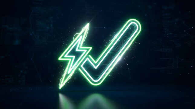 Glowing green neon checkmark combined with a lightning bolt symbol on a dark futuristic background with digital circuit lines, representing energy, speed, power verification, and successful charging.