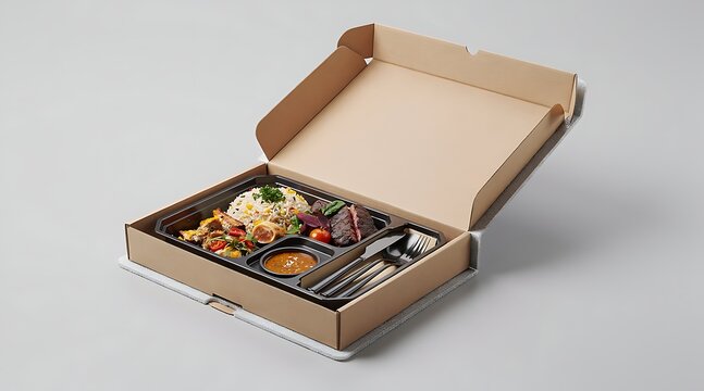 Gourmet catering meal set in a cardboard delivery box featuring grilled beef steak, savory fried rice, fresh vegetables, and dipping sauce with black cutlery on a clean grey background.