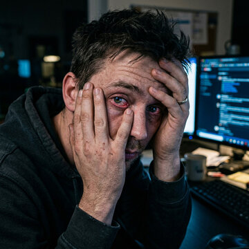 Exhausted software developer with bloodshot eyes and hands on face sitting in front of computer screens working late at night