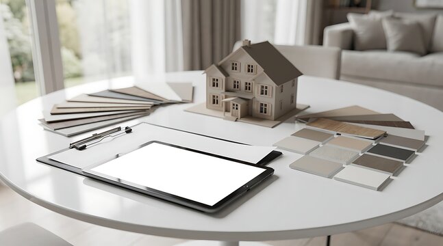 Architectural Scale Model of a Custom House on a Table with Various Material Swatches and a Blank Screen Digital Tablet for Professional Interior Design and Real Estate Project Planning