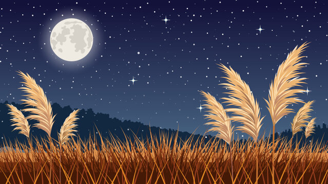 Autumn pampas grass field under a full moon and starry night sky, peaceful Japanese countryside landscape with glowing golden silver grass and mountains