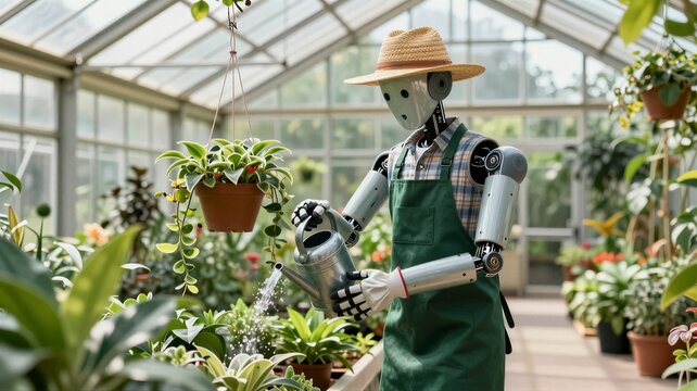 Robot Gardener in Glass Greenhouse