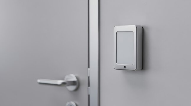 Modern electronic access control card reader mounted on a grey office door with a silver metal handle, highlighting building security systems, privacy, and smart entry technology for businesses.