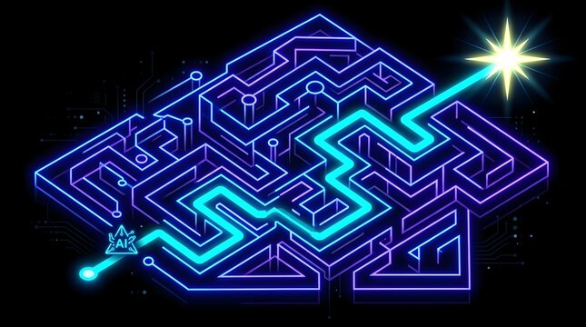 Isometric Digital Maze Labyrinth with Glowing Neon Path Representing Artificial Intelligence Finding a Solution and Success Goal Towards a Bright Shining Star on Dark Background