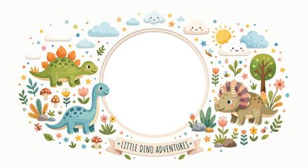 A cute dinosaur-themed circular frame featuring adorable dinos, plants, clouds, and a ribbon saying "LITTLE DINO ADVENTURES". © Regina