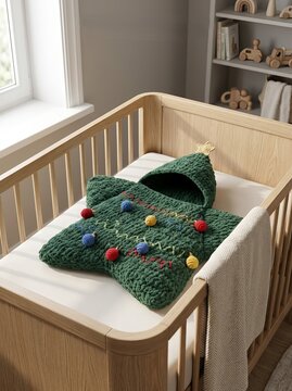 Star Shaped Infant Sleep Sack knitted in deep forest green wool resting beautifully inside a modern wood baby crib for cozy winter nursery layout
