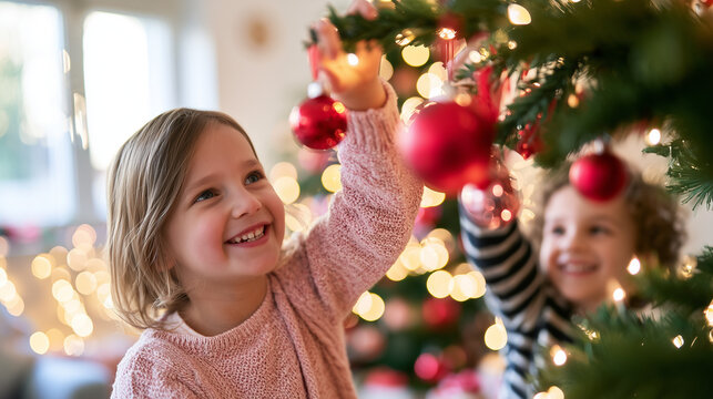 Two Joyful Young Children Happily Decorating a Festive Christmas Tree with Shiny Red Baubles at Home During the Magical Christmas Day Celebration