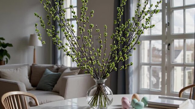 Elegant willow twigs sit in glass vase. Bright sunlight highlights delicate pastel eggs and serene scene. Decorative display of flowering willows in transparent vase by sunlit window