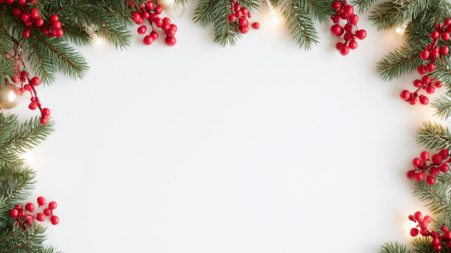 Beautiful Christmas Day Festive Frame Decorated With Pine Branches And Red Berries Featuring Empty White Space For Holiday Greeting Card Design