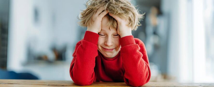 Desperate blond boy with messy hair sitting at a table, expressing sadness and frustration
