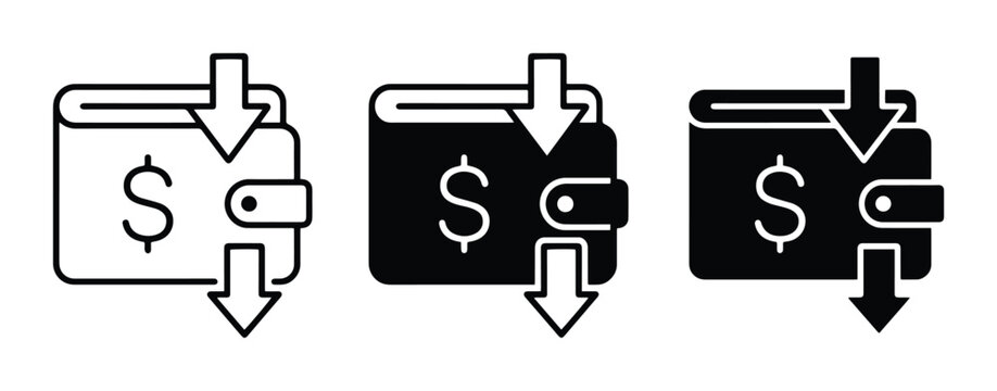 Wallet with Dollar Sign and Downward Arrows, Financial Loss Icons, Budgeting Concepts
