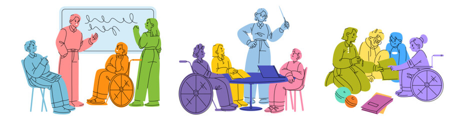 Obraz premium Inclusive classrooms in doodle style. Teachers with diverse students, wheelchair users during shared educational activity. Vector group interaction, cooperation and equal learning opportunities