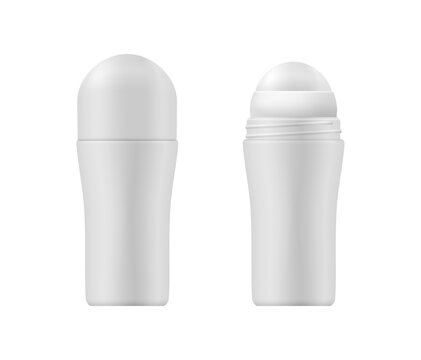 Rollon deodorant mockup. Vector realistic body freshener template for women. Odor control product with opened and closed lid and ball applicator. Female cosmetic product for daily use