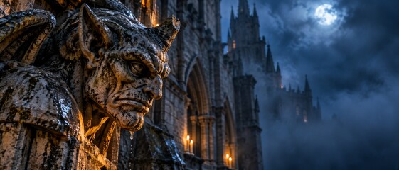 Obraz premium Stone gargoyle sits menacingly on a castle parapet at night. A mysterious, gothic castle with glowing windows stands in the background. The scene evokes dark fantasy, horror, and medieval themes