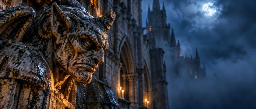 Stone gargoyle sits menacingly on a castle parapet at night. A mysterious, gothic castle with glowing windows stands in the background. The scene evokes dark fantasy, horror, and medieval themes