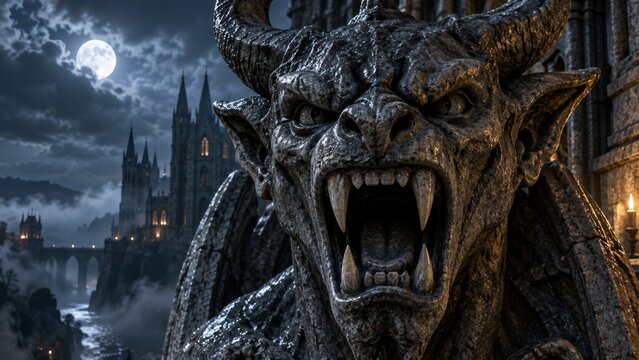 Stone gargoyle sits menacingly on a castle parapet at night. A mysterious, gothic castle with glowing windows stands in the background. The scene evokes dark fantasy, horror, and medieval themes