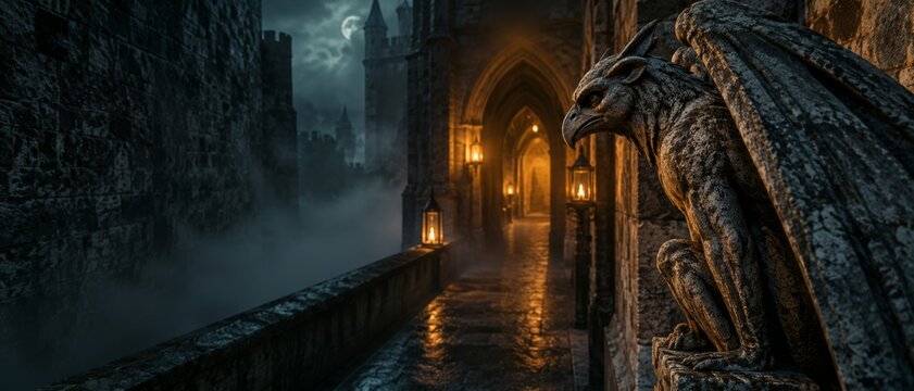 Stone gargoyle sits menacingly on a castle parapet at night. A mysterious, gothic castle with glowing windows stands in the background. The scene evokes dark fantasy, horror, and medieval themes