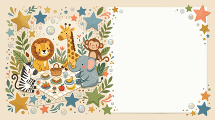 Fototapeta premium Adorable safari animals enjoying a picnic outdoors with stars, leaves, and a blank space for text invitation.
