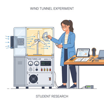 Student holds protractor near three-blade turbine in wind tunnel